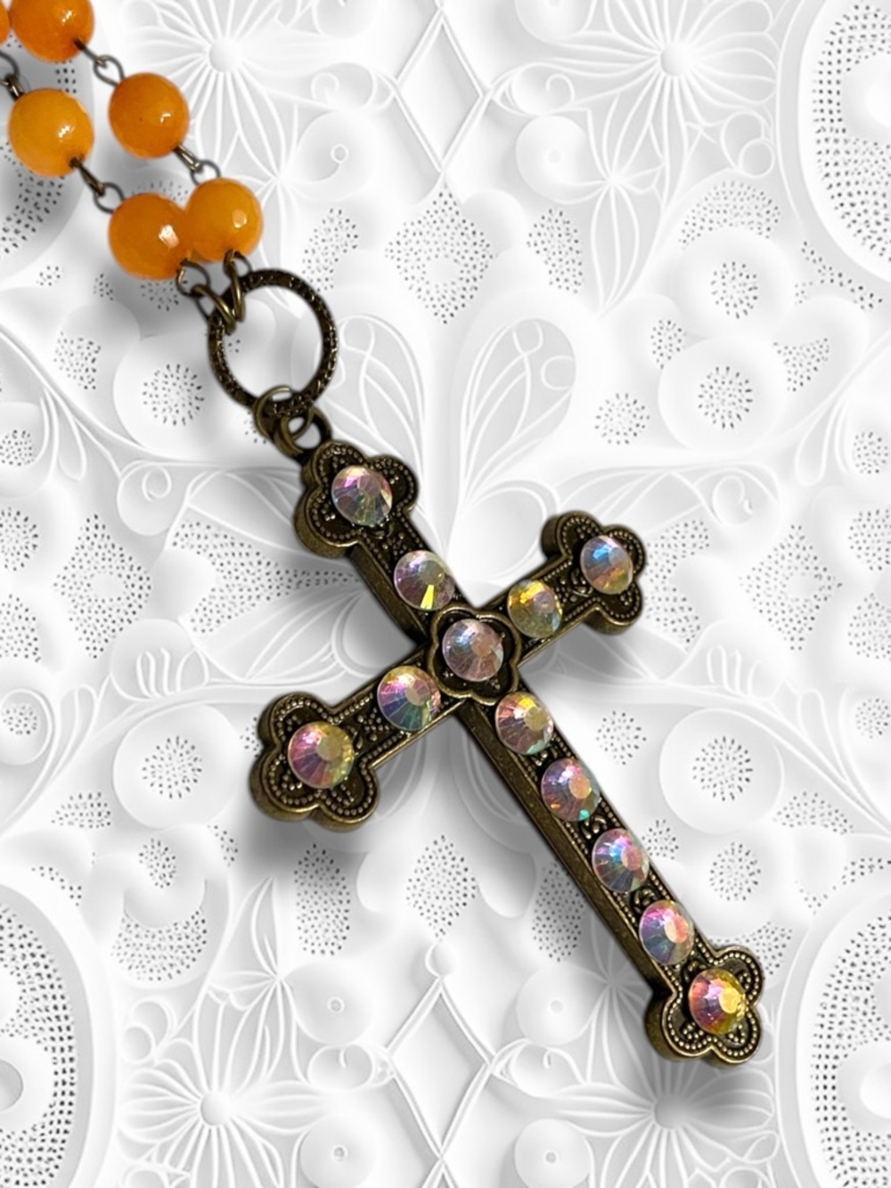 Carol Su Handmade 30" Iridescent Beaded Cross Necklace - Picture 2 of 12